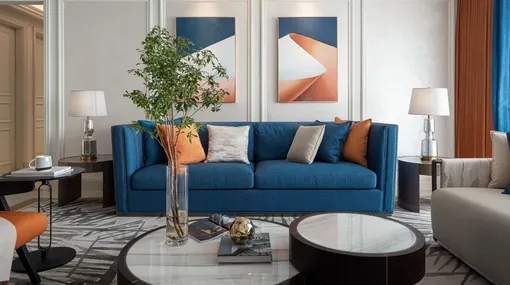 宝蓝的华美邂逅明快的落日橙，打造轻奢尊贵、温暖雅致的家
